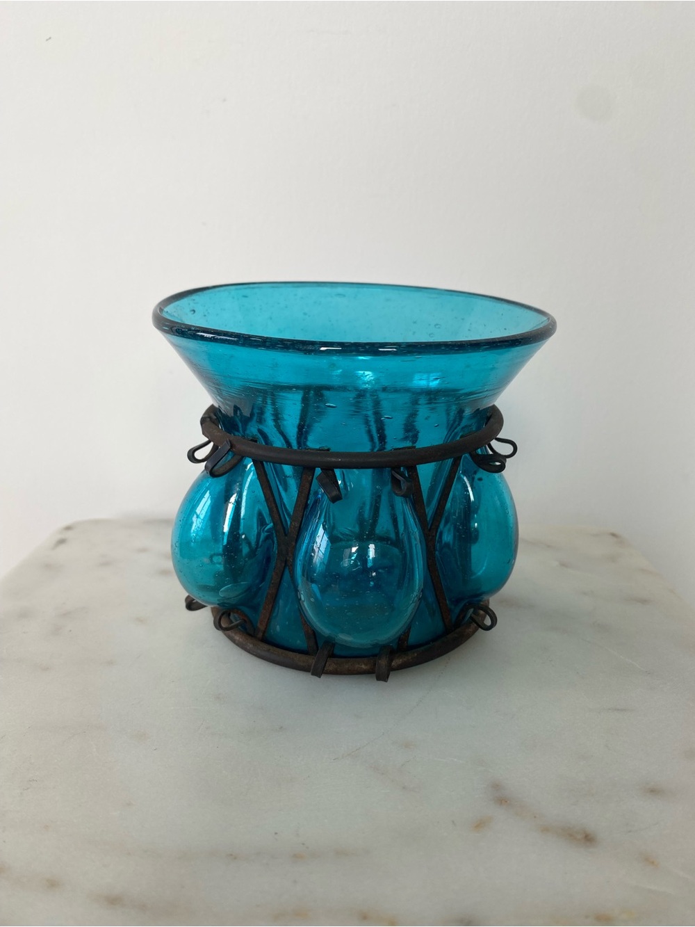 Vintage Brutalist Metal Caged Blown Green Glass Vase Votive Candle Holder 4.25"